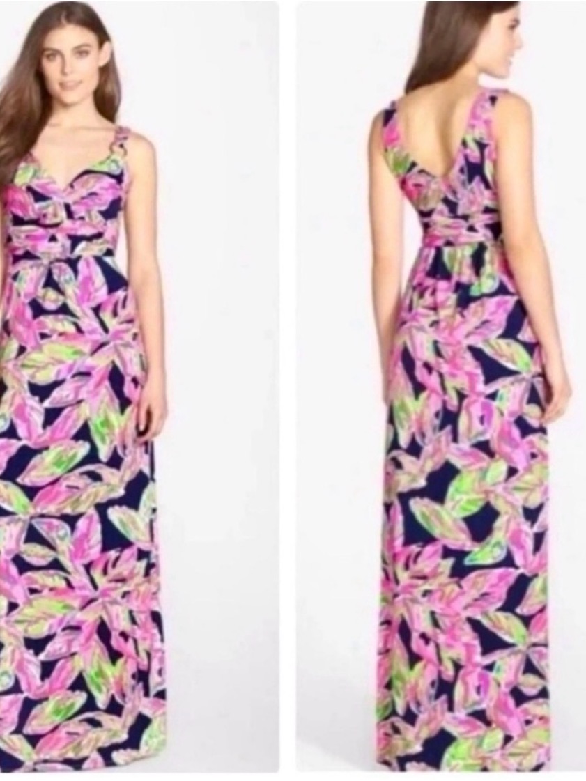 Lilly Pulitzer "Villa" Maxi Dress, Navy/Pink "In The Vias" Print, Size S, New